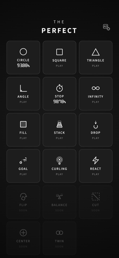 CIRCLE, SQUARE, TRIANGLE, ANGLE, STOP, INFINITY, FILL, STACK, DROP, GOAL, CURLING, REACT 게임 목록